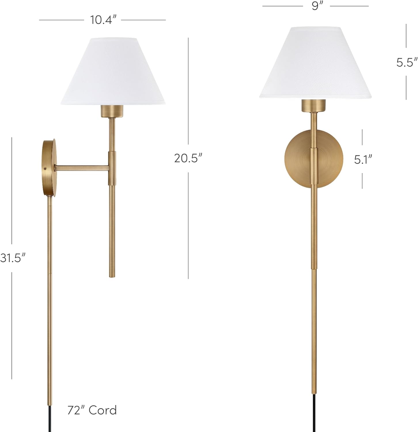 Nathan James Millie Plug-in Wall Sconce, Wall Mounted Bedside Reading Lamp with Cotton Shade and Brass Back Plate