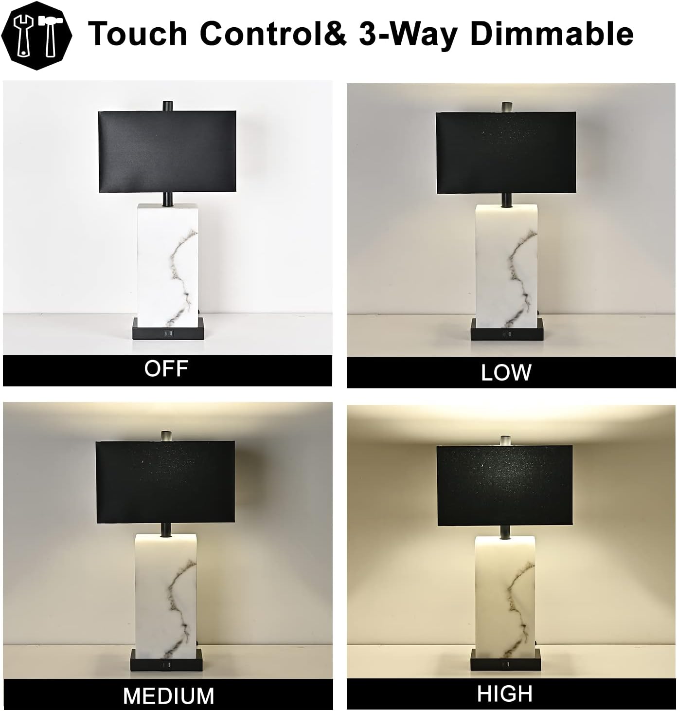 2 Pack Black Touch Dimmable Table Lamps with USB & Faux Silk Shade