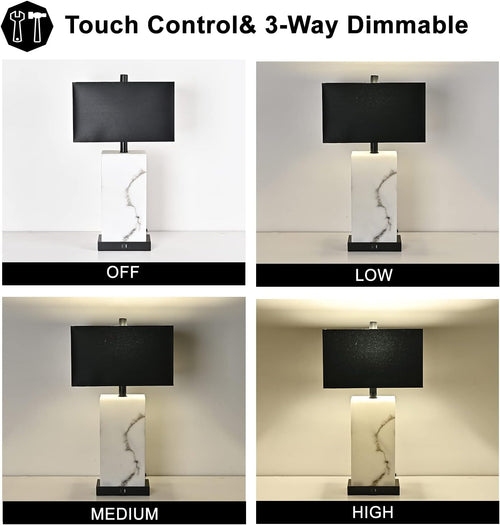 2 Pack Black Touch Dimmable Table Lamps with USB & Faux Silk Shade