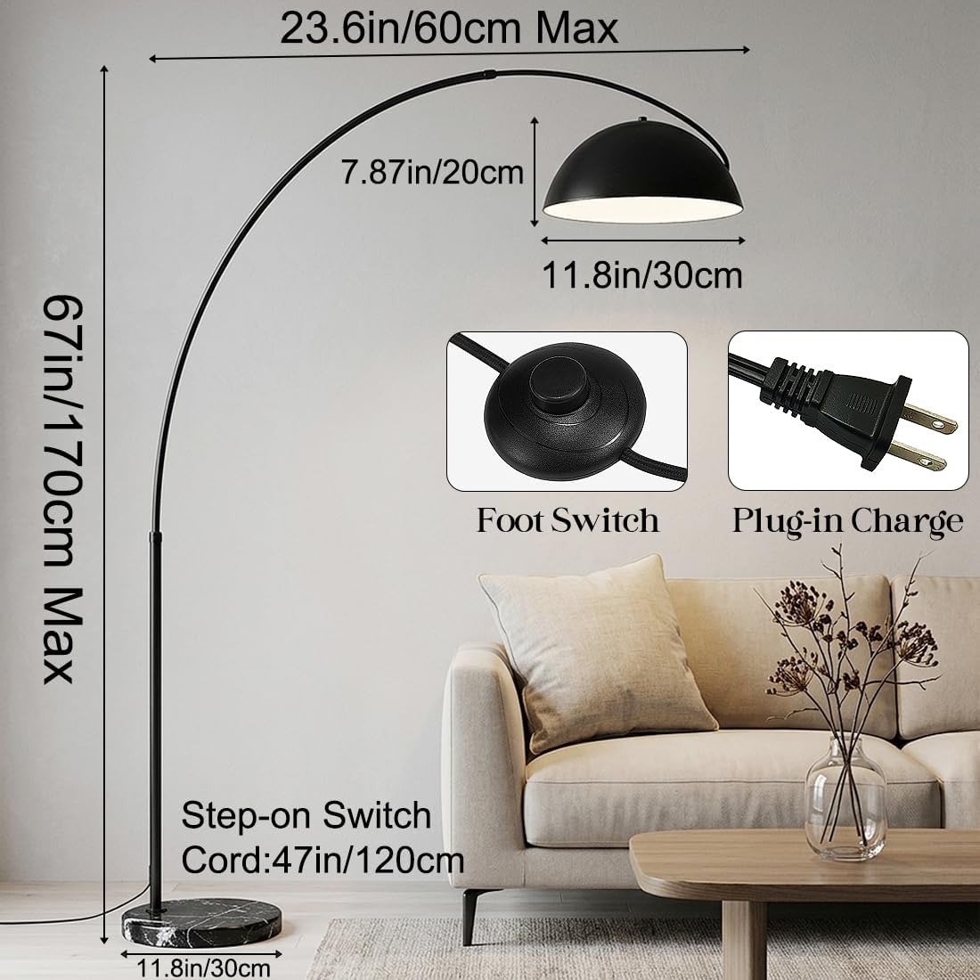 Black Marble Base Color Changing Arc Floor Lamp