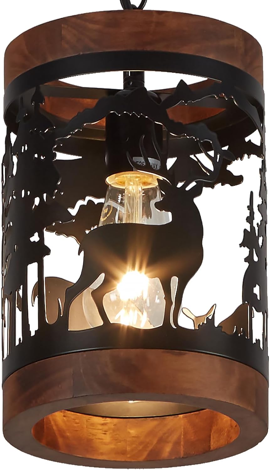 Deer Wood Metal Cage Pendant Light