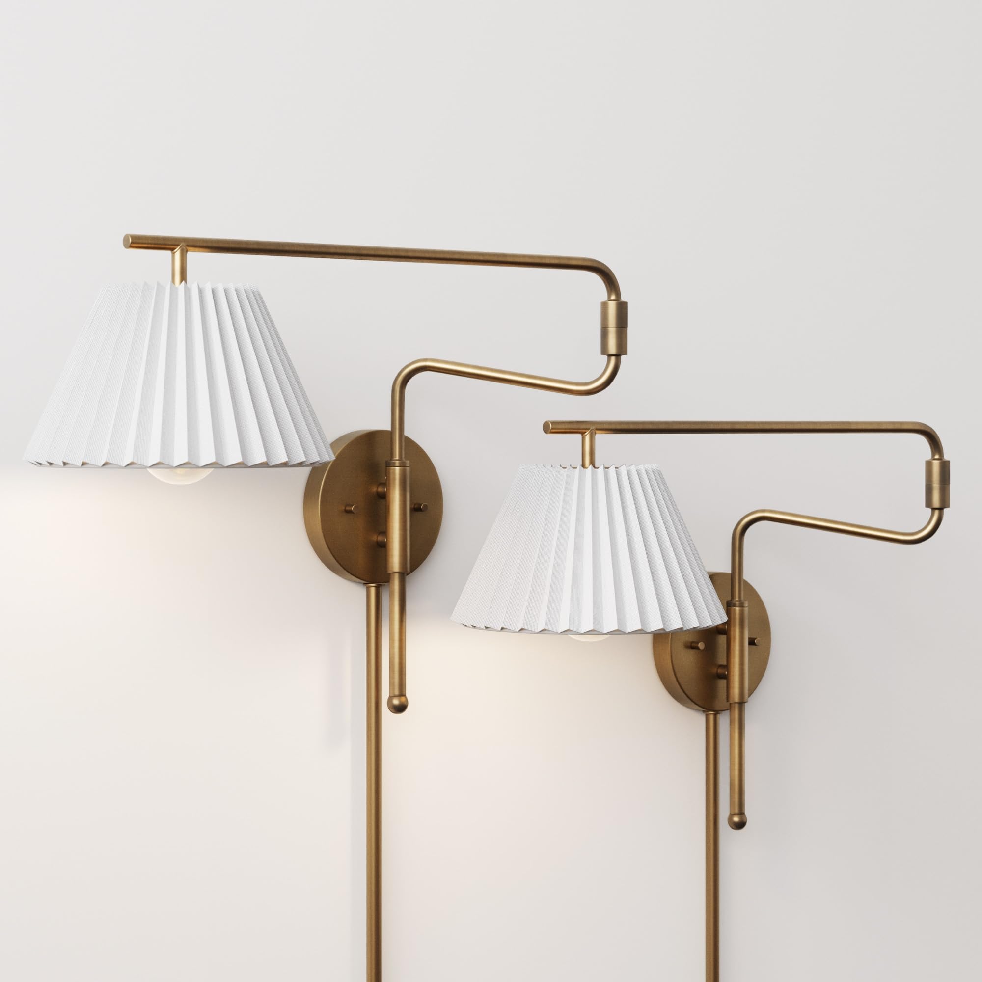 Nathan James Millie Plug-in Wall Sconce, Wall Mounted Bedside Reading Lamp with Cotton Shade and Brass Back Plate