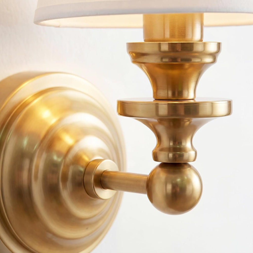 Antique Linen Shade Wall Sconce- Brass Finish Base and Conical Fabric Shade Wall Light Fixture for Bathroom, Bedroom, Dining Room and Entryway(6.5" D x 11.5" H Brass)