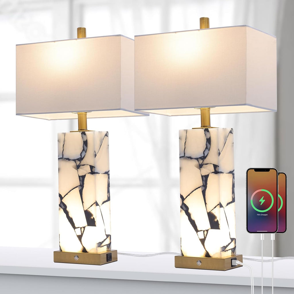 2 Pack Natural Marble Alabaster Table Lamps with USB & 3 Color Nightlight