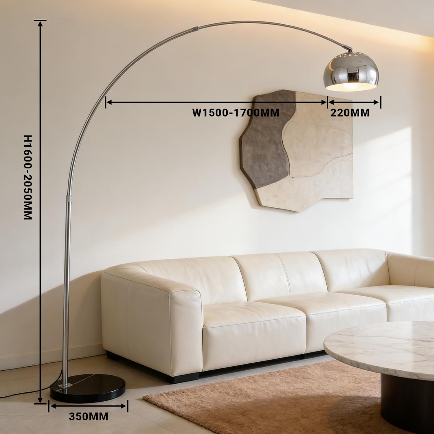 Chrome Bell Shade Dimmable Arc Floor Lamp