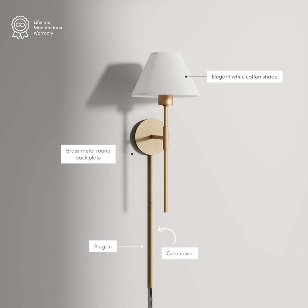 Nathan James Millie Plug-in Wall Sconce, Wall Mounted Bedside Reading Lamp with Cotton Shade and Brass Back Plate