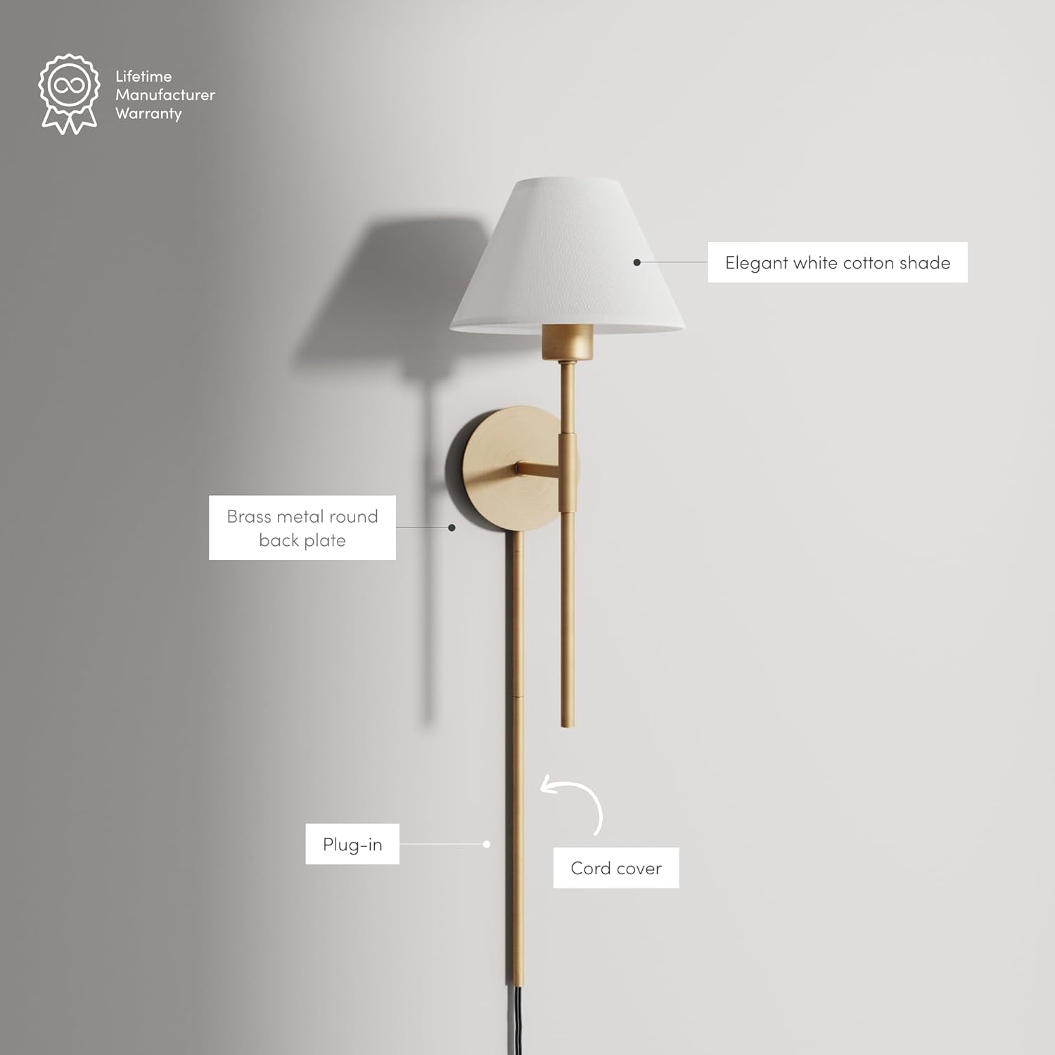 Nathan James Millie Plug-in Wall Sconce, Wall Mounted Bedside Reading Lamp with Cotton Shade and Brass Back Plate