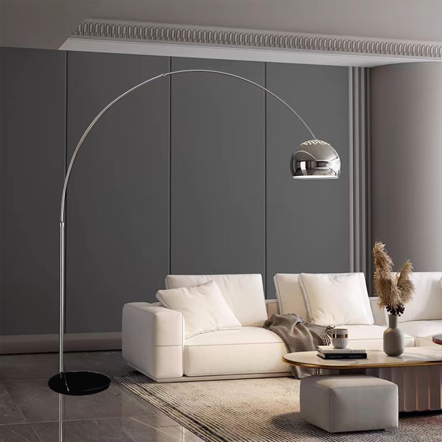 Chrome Bell Shade Dimmable Arc Floor Lamp