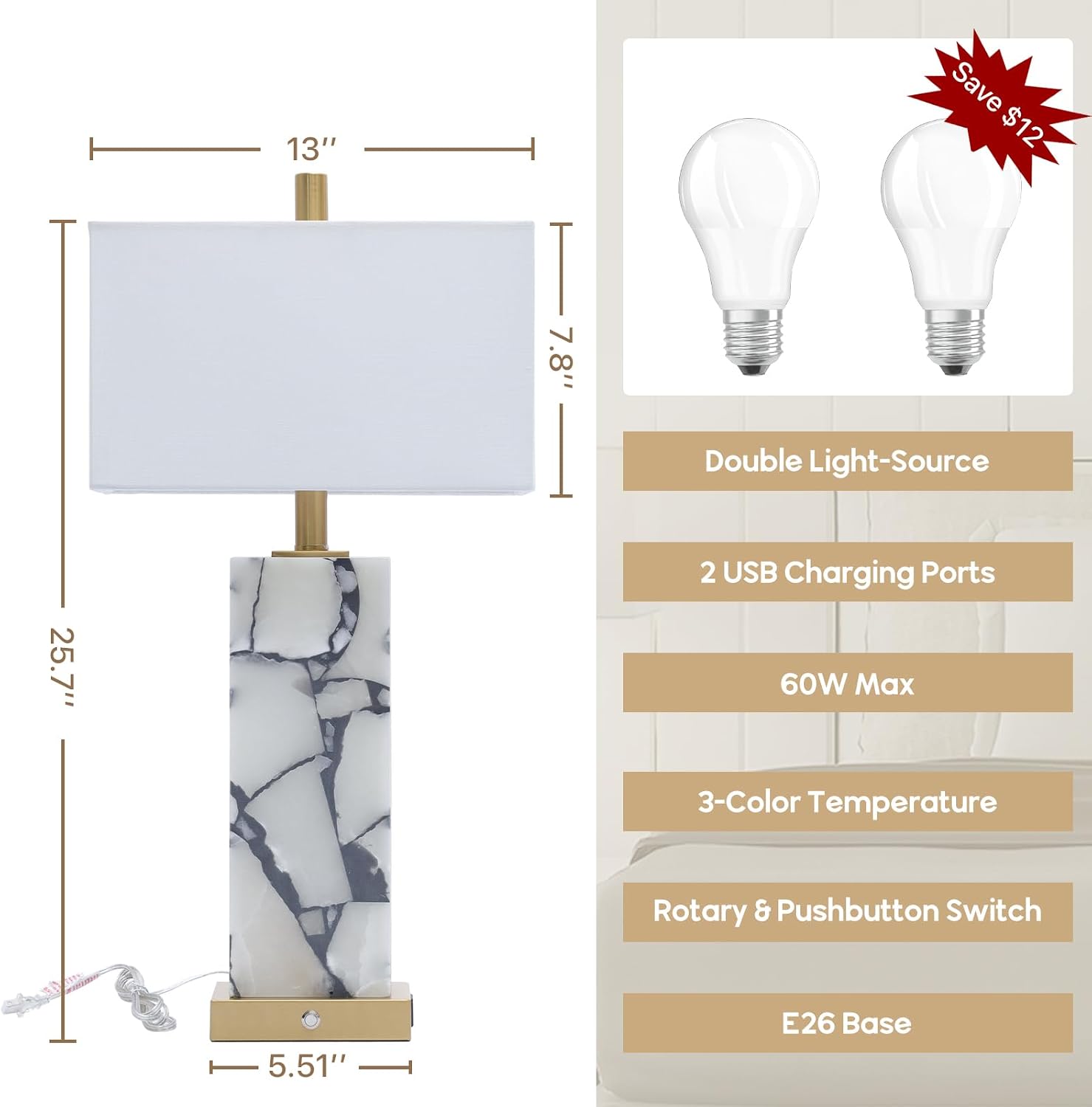2 Pack Natural Marble Alabaster Table Lamps with USB & 3 Color Nightlight