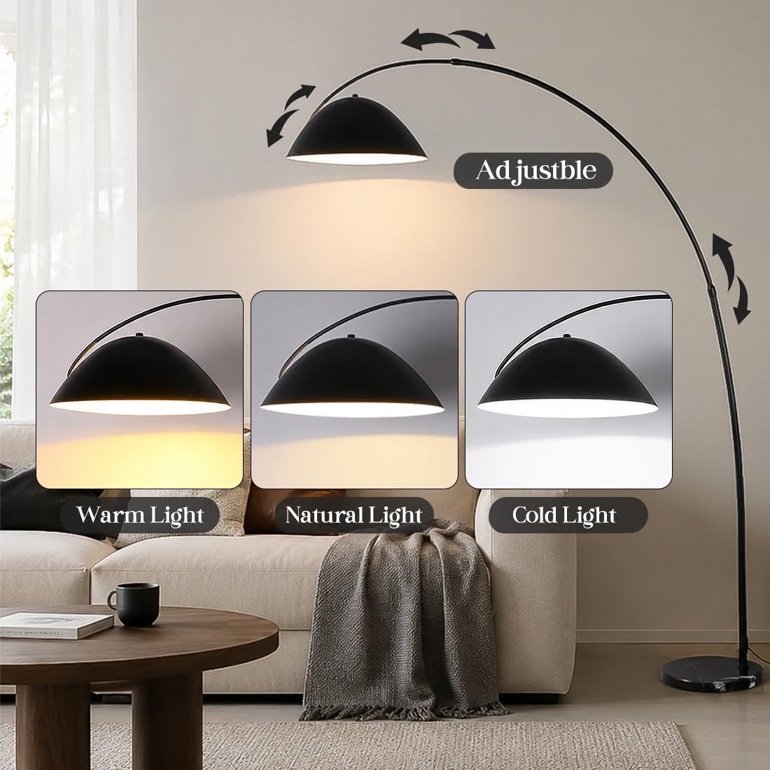 Black Marble Base Color Changing Arc Floor Lamp