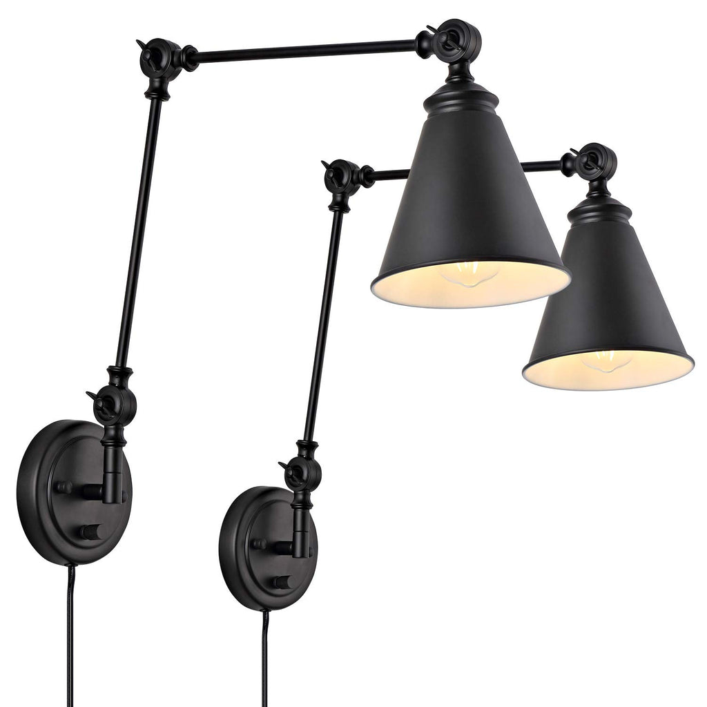 WINGBO Farmhouse Swing Arm Wall Sconce Set of 2, Industrial Adjustable Wall Lamp Light Fixture for Living Room Bedroom Vanity Study Desk Office, Plug in or Hardwired, Brass
