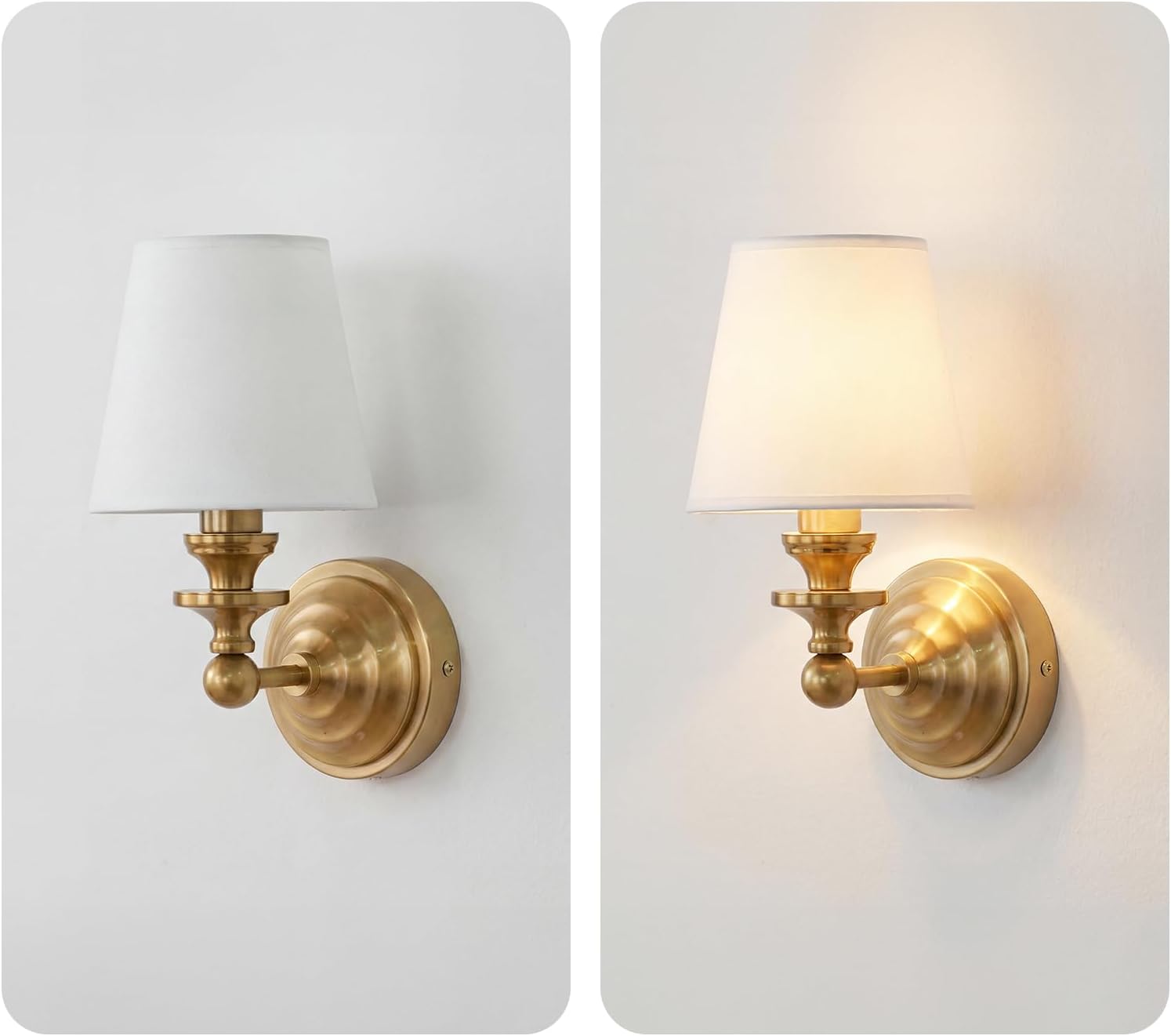 Antique Linen Shade Wall Sconce- Brass Finish Base and Conical Fabric Shade Wall Light Fixture for Bathroom, Bedroom, Dining Room and Entryway(6.5" D x 11.5" H Brass)
