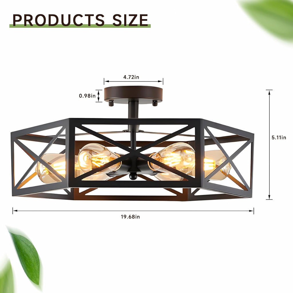 Gugxiom 6 Light Semi Flush Mount Ceiling Light, Modern Farmhouse Living Room Light Fixture, Black Light Fixture, Modern Metal Hexagon Cage Ceiling Lamp for Kitchen Bathroom (6