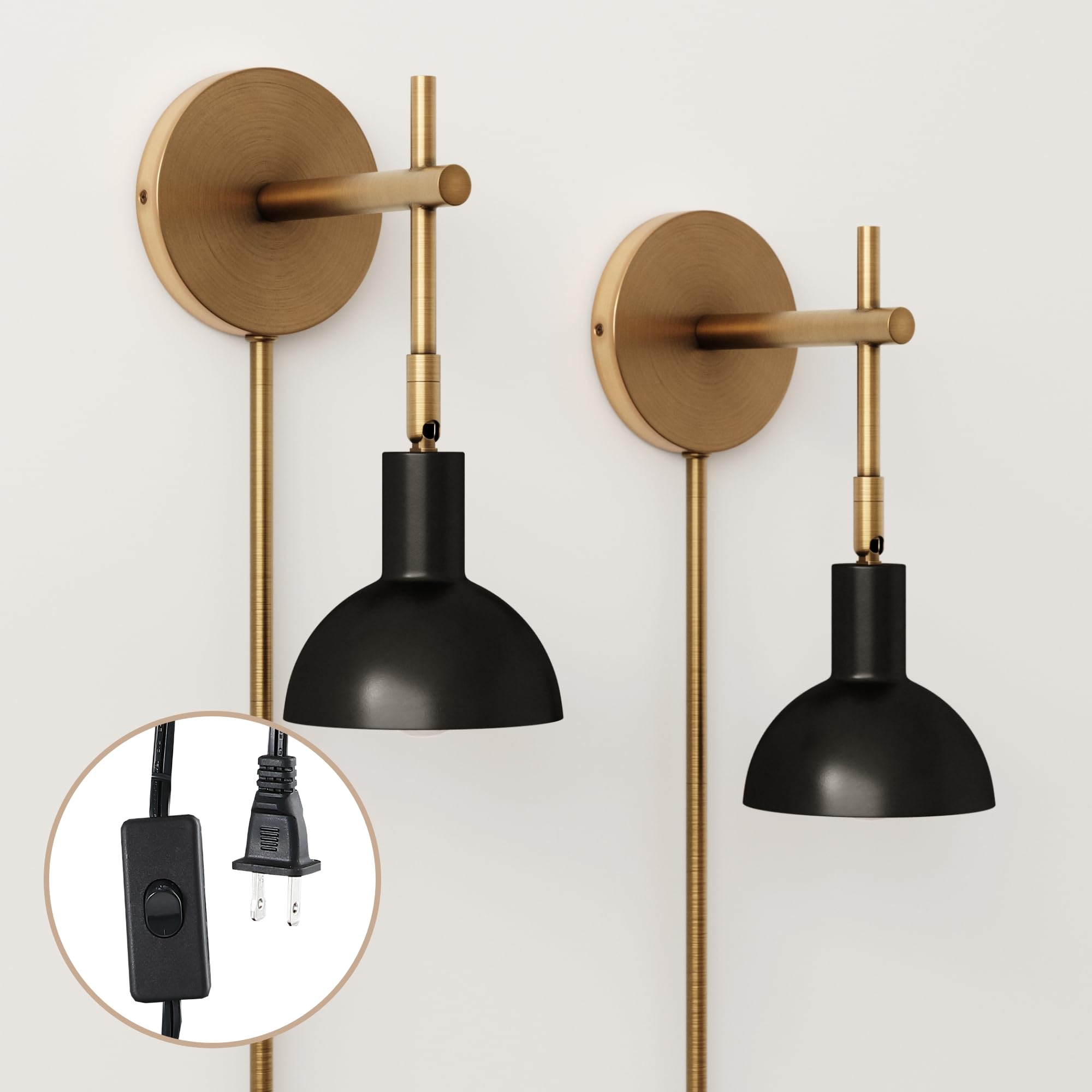 Nathan James Millie Plug-in Wall Sconce, Wall Mounted Bedside Reading Lamp with Cotton Shade and Brass Back Plate