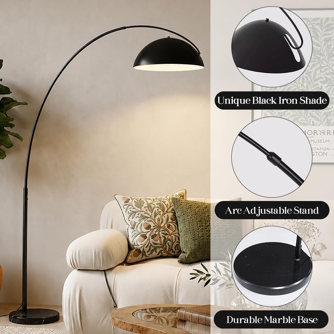 Black Marble Base Color Changing Arc Floor Lamp