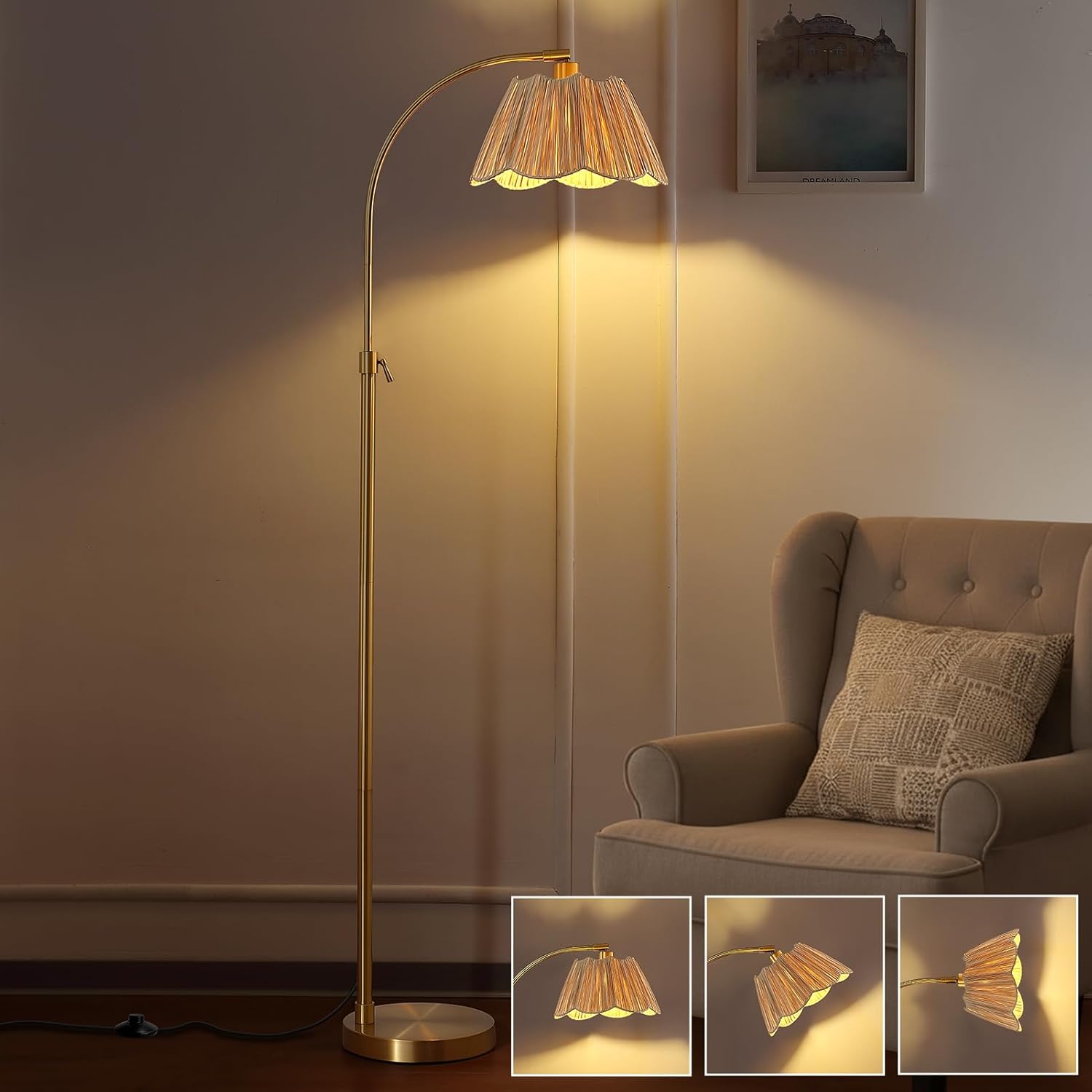 Gold Rattan Boho Adjustable Arc Floor Lamp