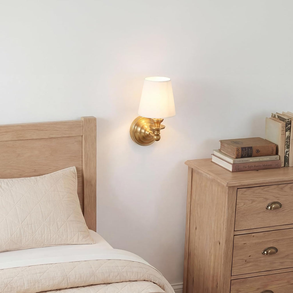 Antique Linen Shade Wall Sconce- Brass Finish Base and Conical Fabric Shade Wall Light Fixture for Bathroom, Bedroom, Dining Room and Entryway(6.5" D x 11.5" H Brass)