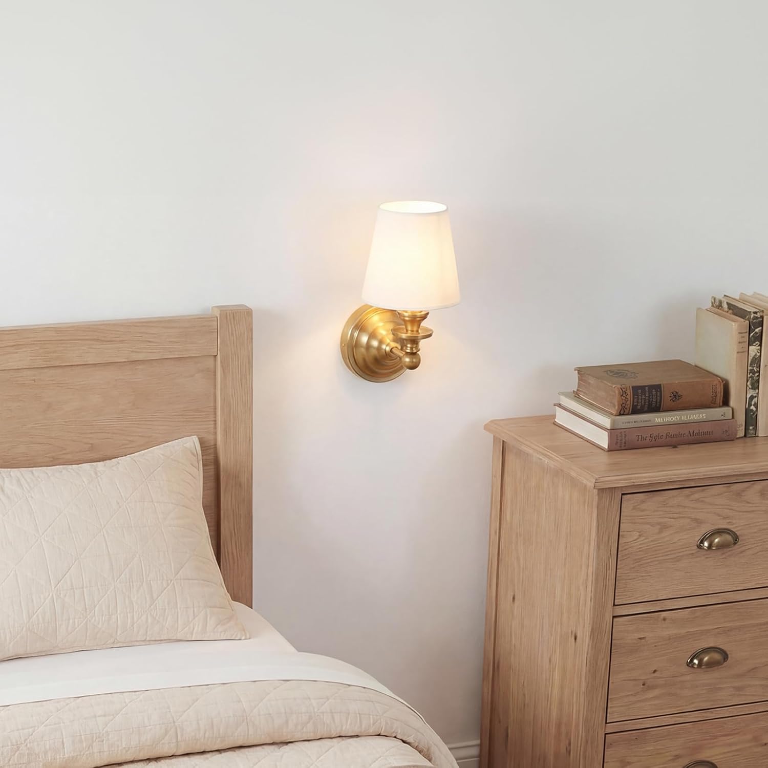 Antique Linen Shade Wall Sconce- Brass Finish Base and Conical Fabric Shade Wall Light Fixture for Bathroom, Bedroom, Dining Room and Entryway(6.5" D x 11.5" H Brass)