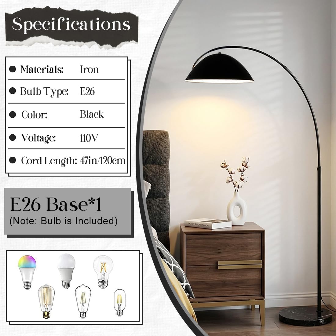 Black Marble Base Color Changing Arc Floor Lamp