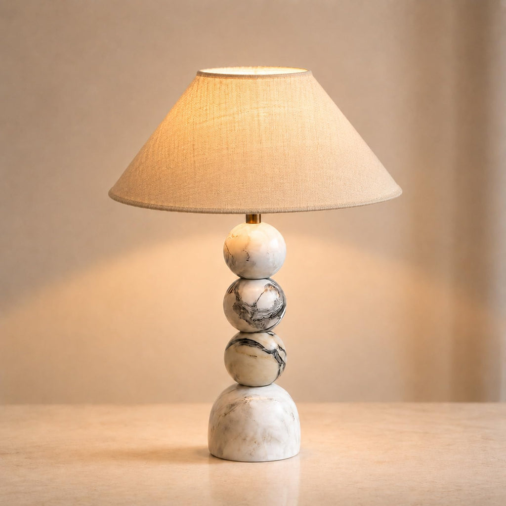 Calacatta Marble Table Lamp with Rattan Wicker Shade, Farmhouse Style