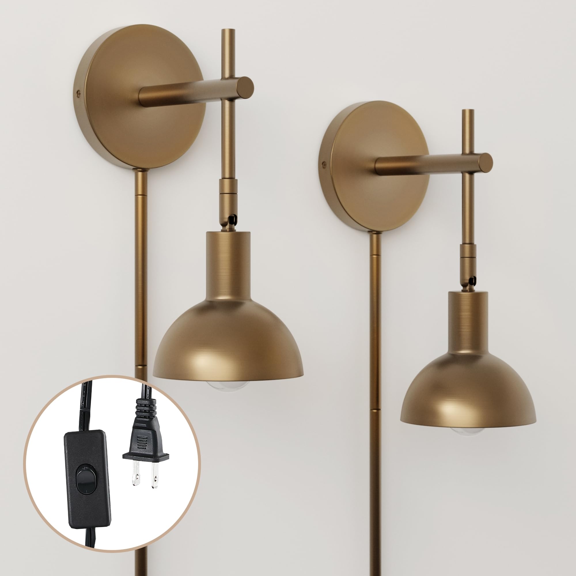 Nathan James Millie Plug-in Wall Sconce, Wall Mounted Bedside Reading Lamp with Cotton Shade and Brass Back Plate