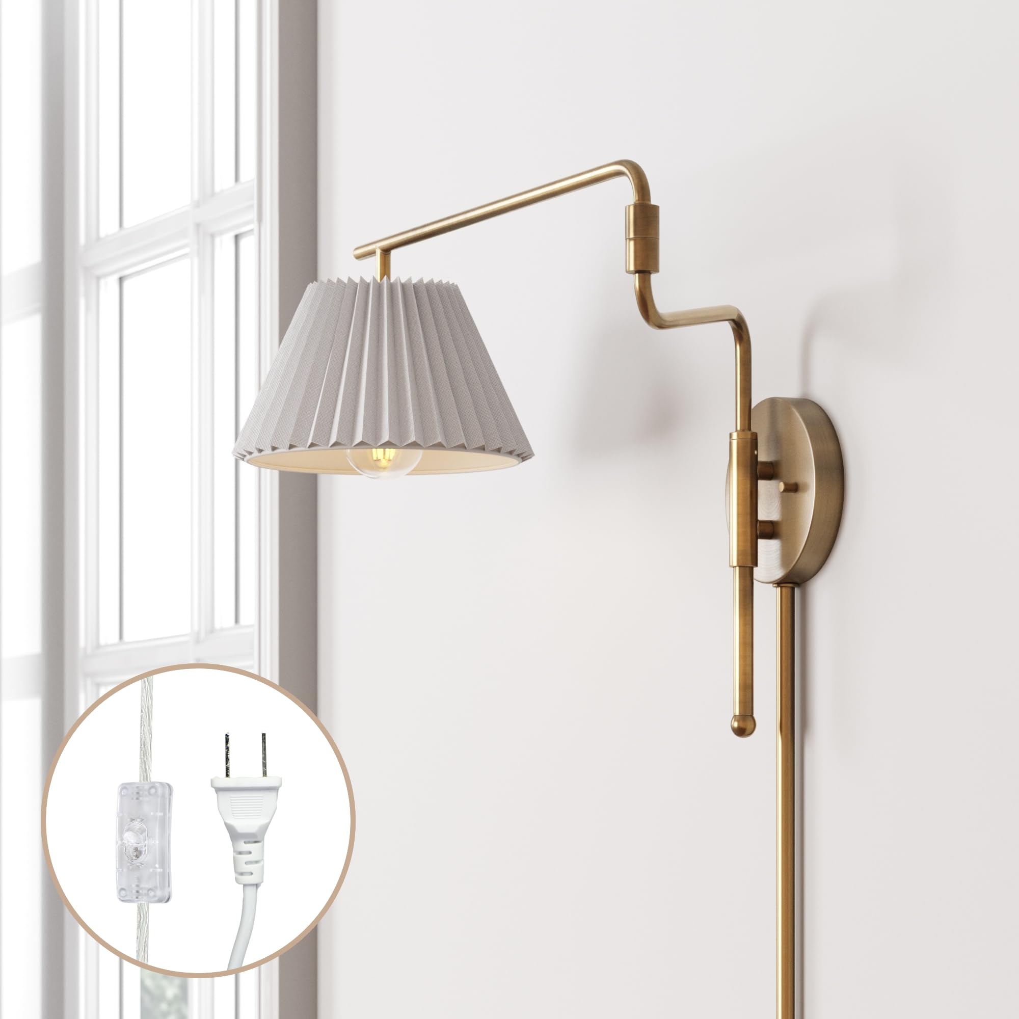 Nathan James Millie Plug-in Wall Sconce, Wall Mounted Bedside Reading Lamp with Cotton Shade and Brass Back Plate