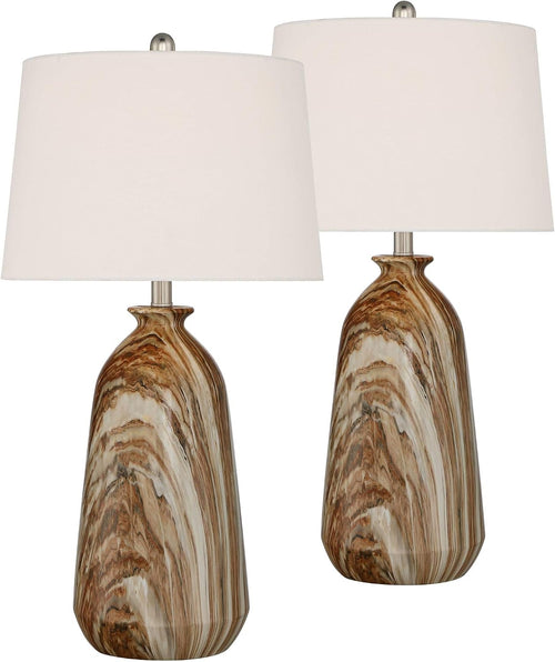 360 Lighting Carlton Modern Rustic Southwestern Table Lamps 28" Tall Set of 2 Swirling Brown Faux Marble White Tapered Drum Shades for Living Room Bedroom House Bedside Nightstand Home
