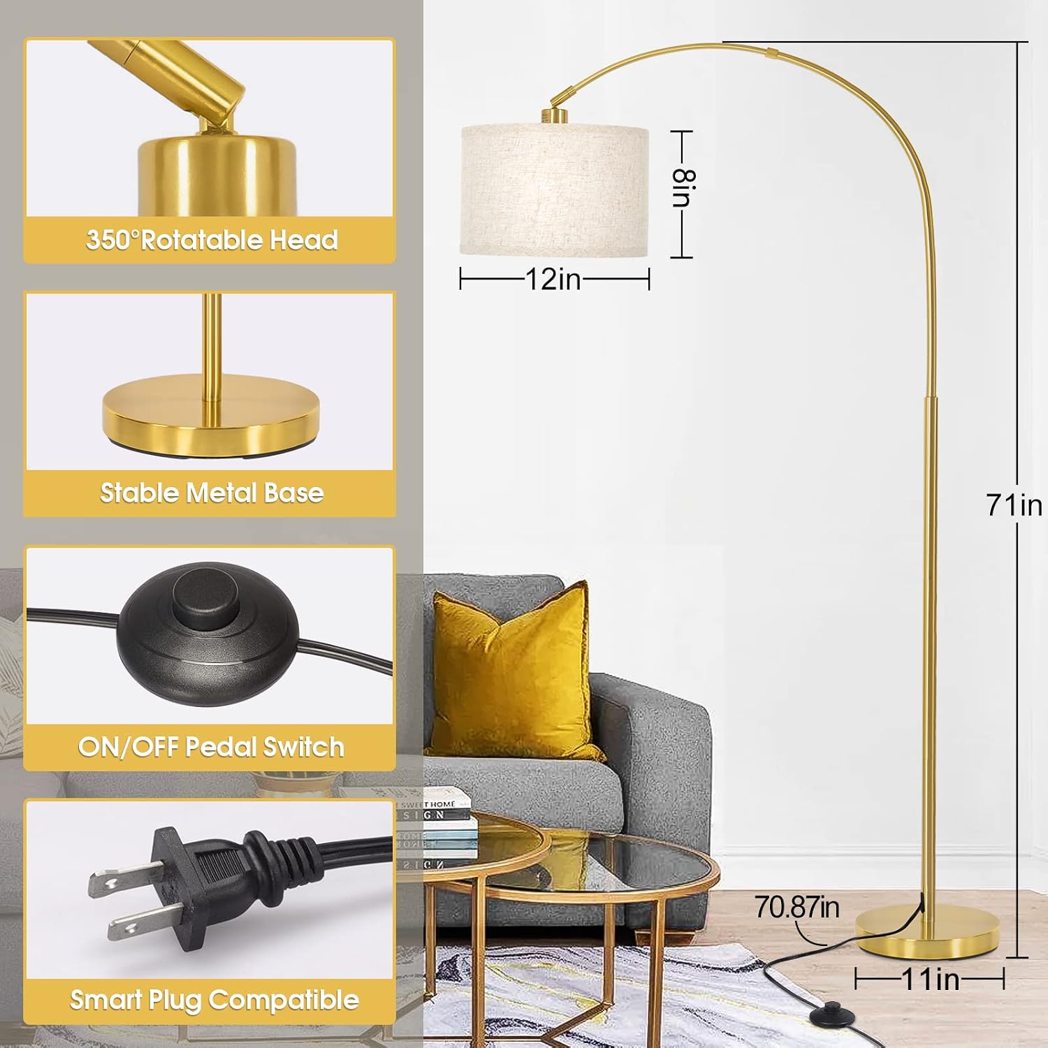 Gold Adjustable Arc Floor Lamp
