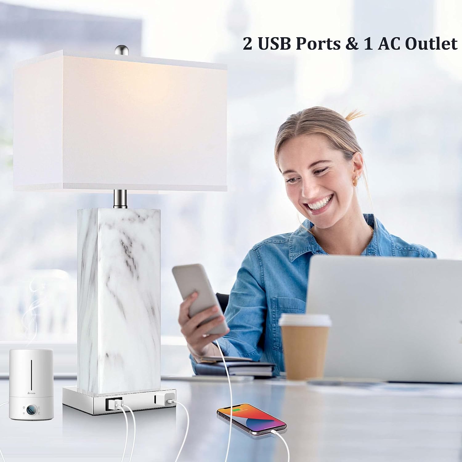 2 Pack Touch Control Ceramic Table Lamps with USB & AC Outlet