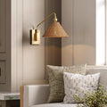 Nathan James Millie Plug-in Wall Sconce, Wall Mounted Bedside Reading Lamp with Cotton Shade and Brass Back Plate