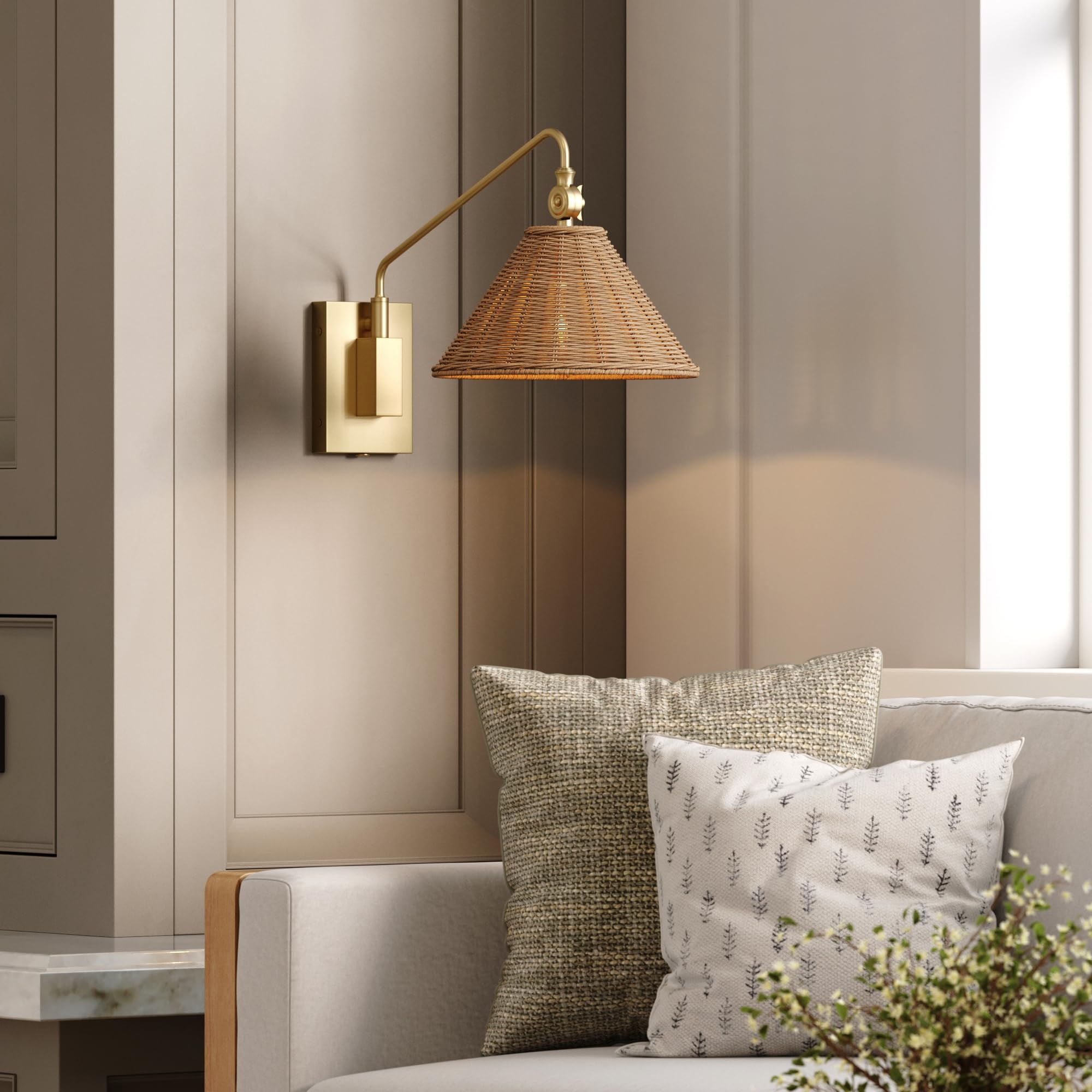 Nathan James Millie Plug-in Wall Sconce, Wall Mounted Bedside Reading Lamp with Cotton Shade and Brass Back Plate