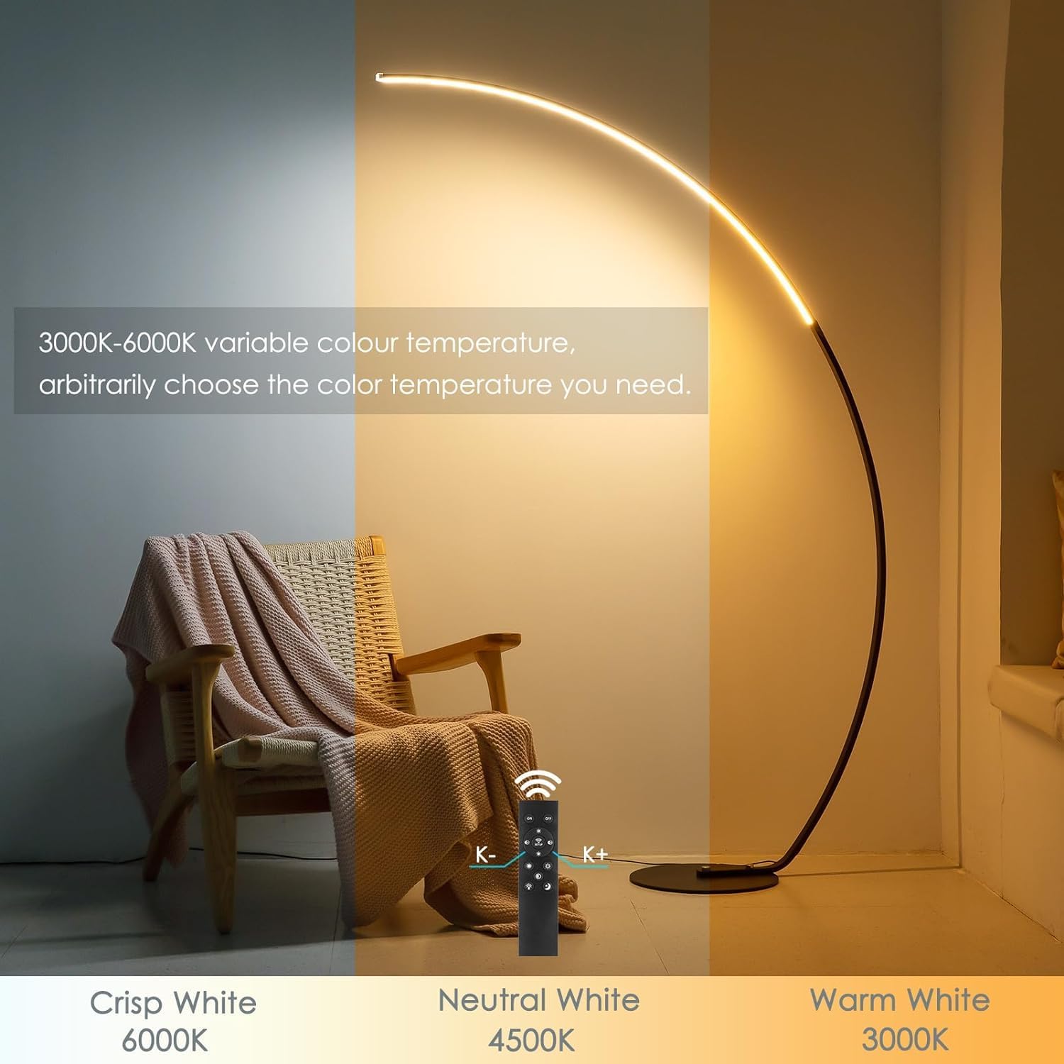 NUÜR Modern Arc Floor Lamp with Remote Control, 67" Tall Bright LED Standing Lamp, Stepless Dimmable & 3 Color Temperatures, Minimalist Curved Pole Light for Living Room, Bedroom & Office, Black