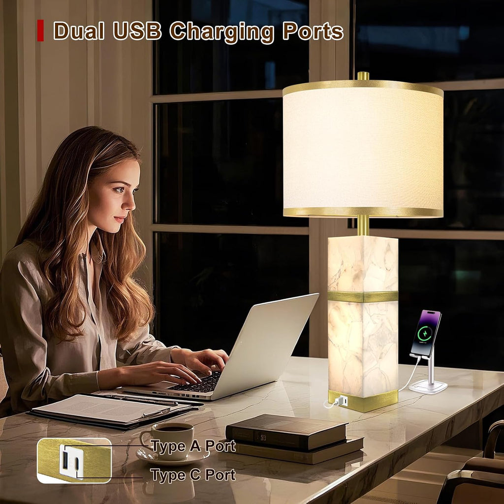 2 Pack Natural Alabaster Table Lamps with USB & Night Light Linen Shade