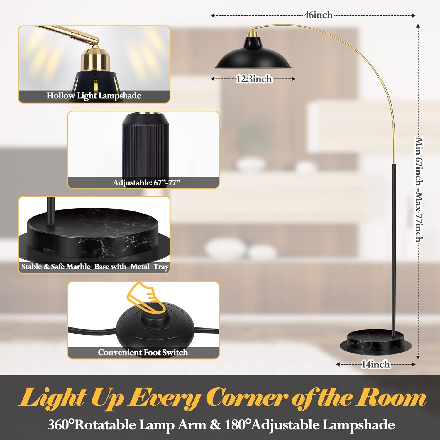Black Gold Marble Base Rotatable Arc Floor Lamp