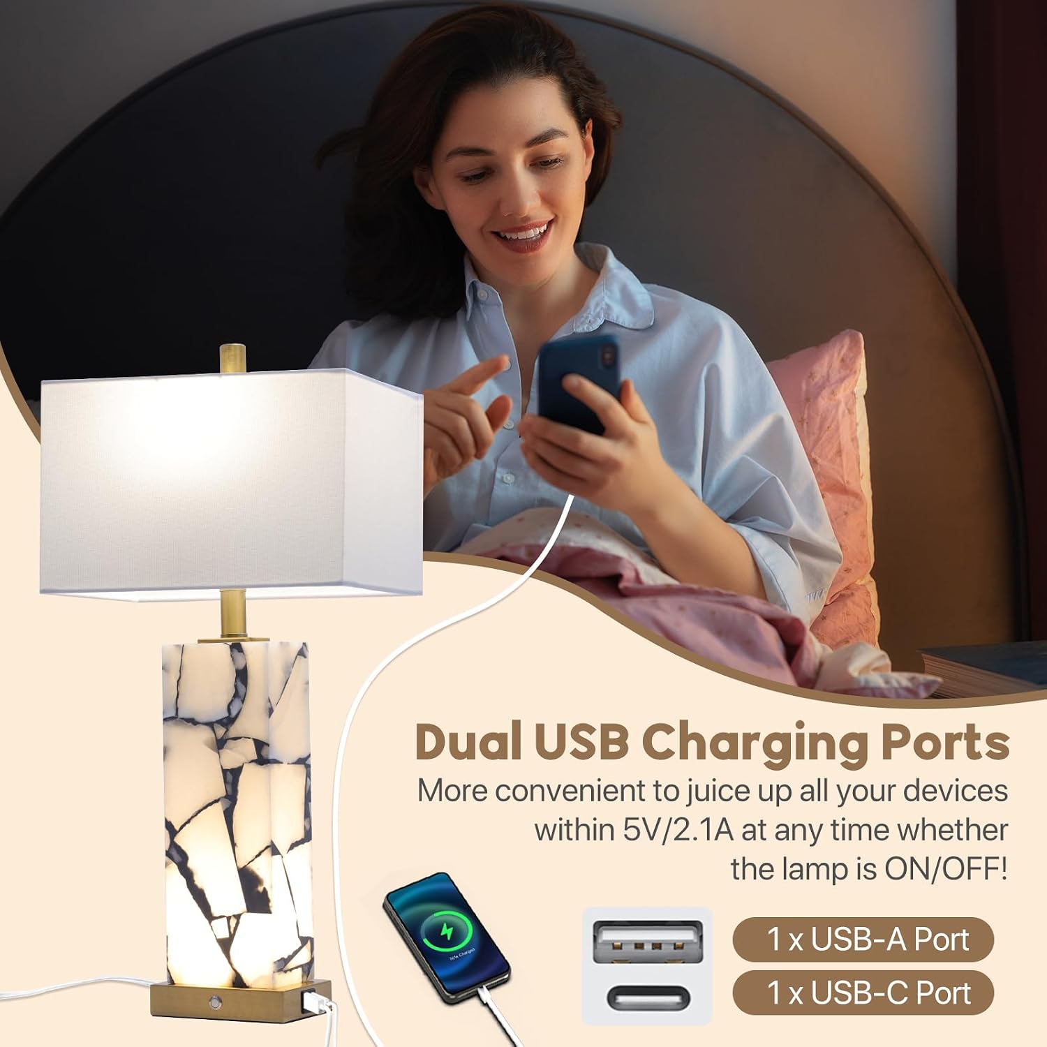2 Pack Natural Marble Alabaster Table Lamps with USB & 3 Color Nightlight