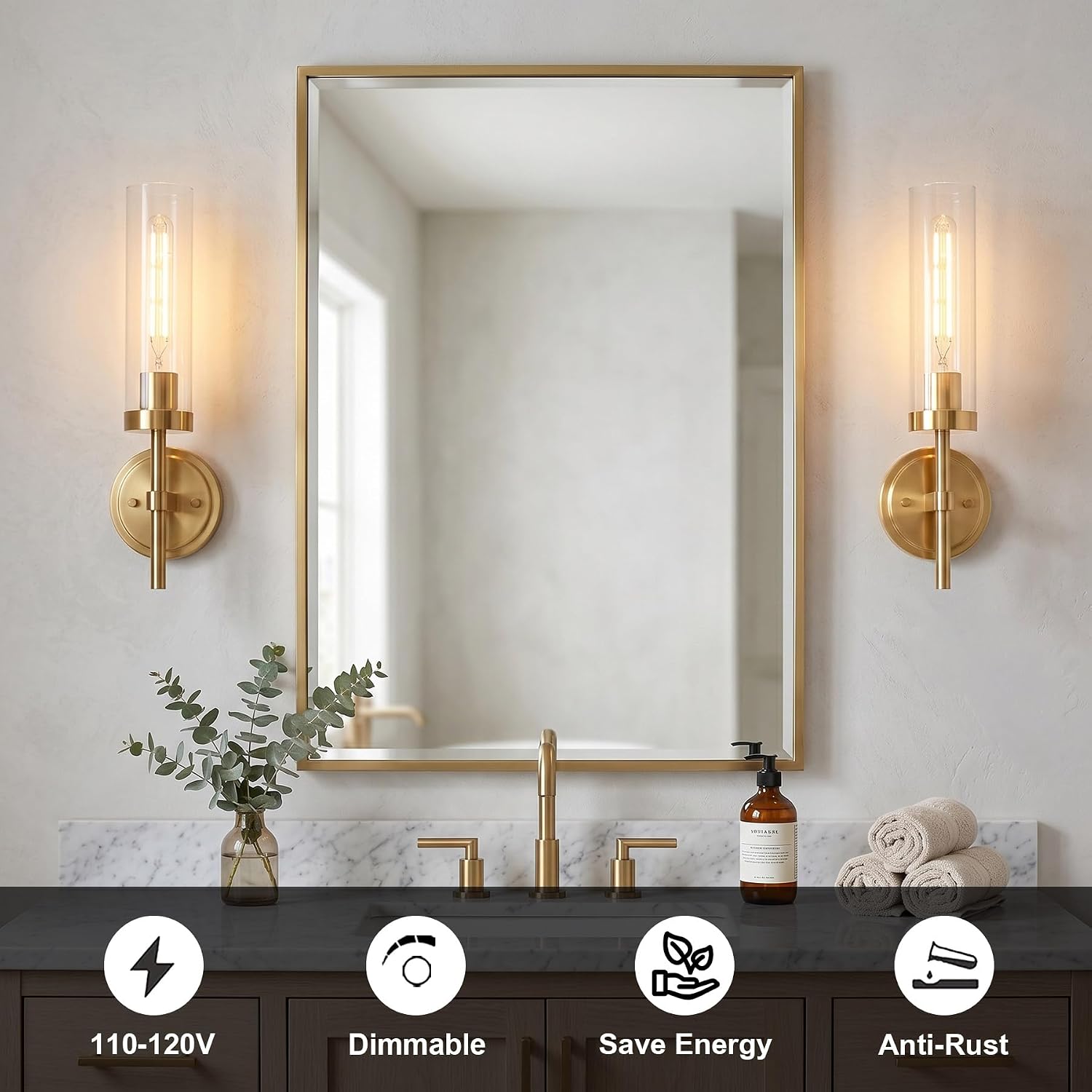 Gold Glass Bathroom Wall Sconces 2 Pack