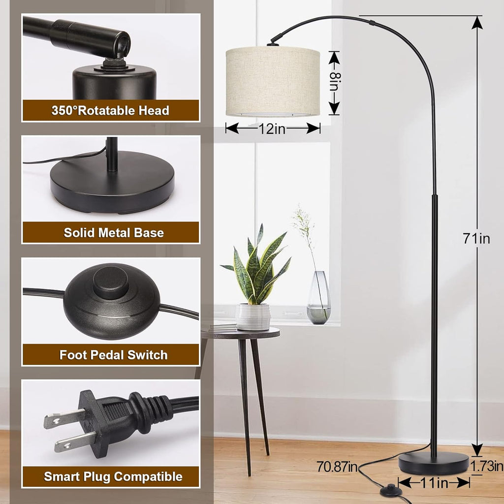 Village Black Arc Floor Lamp with Adjustable Drum Shade