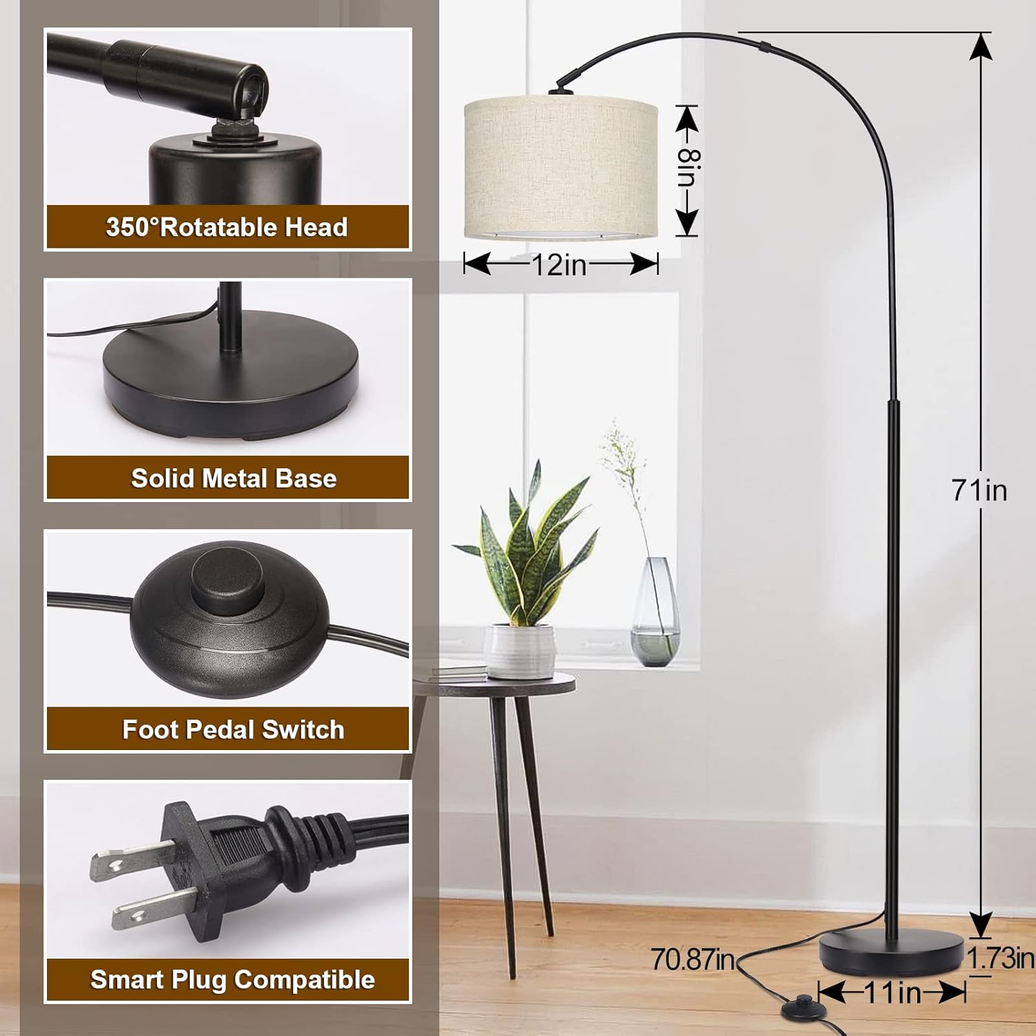 Village Black Arc Floor Lamp with Adjustable Drum Shade