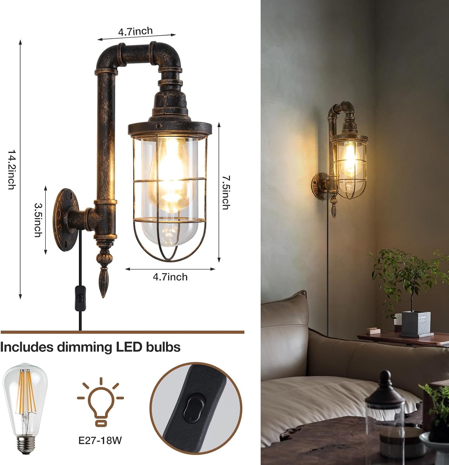 Plug-in Rustic Wall Sconces 2 Pack