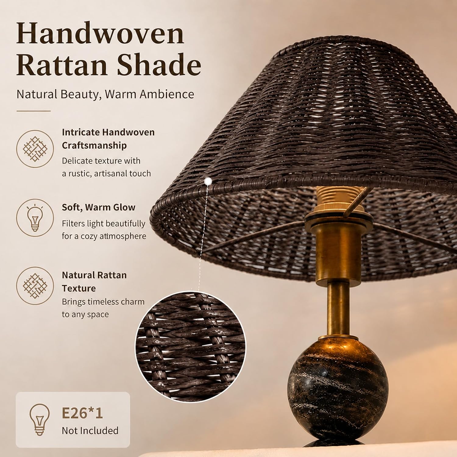 Calacatta Marble Table Lamp with Rattan Wicker Shade, Farmhouse Style