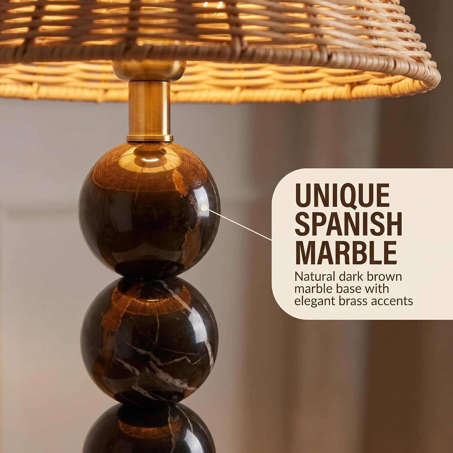 Calacatta Viola Marble Stacked Ball Table Lamp with Rattan Shade