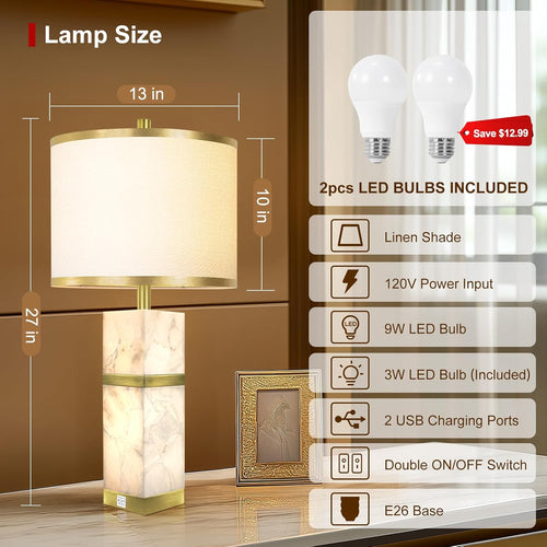 2 Pack Natural Alabaster Table Lamps with USB & Night Light Linen Shade