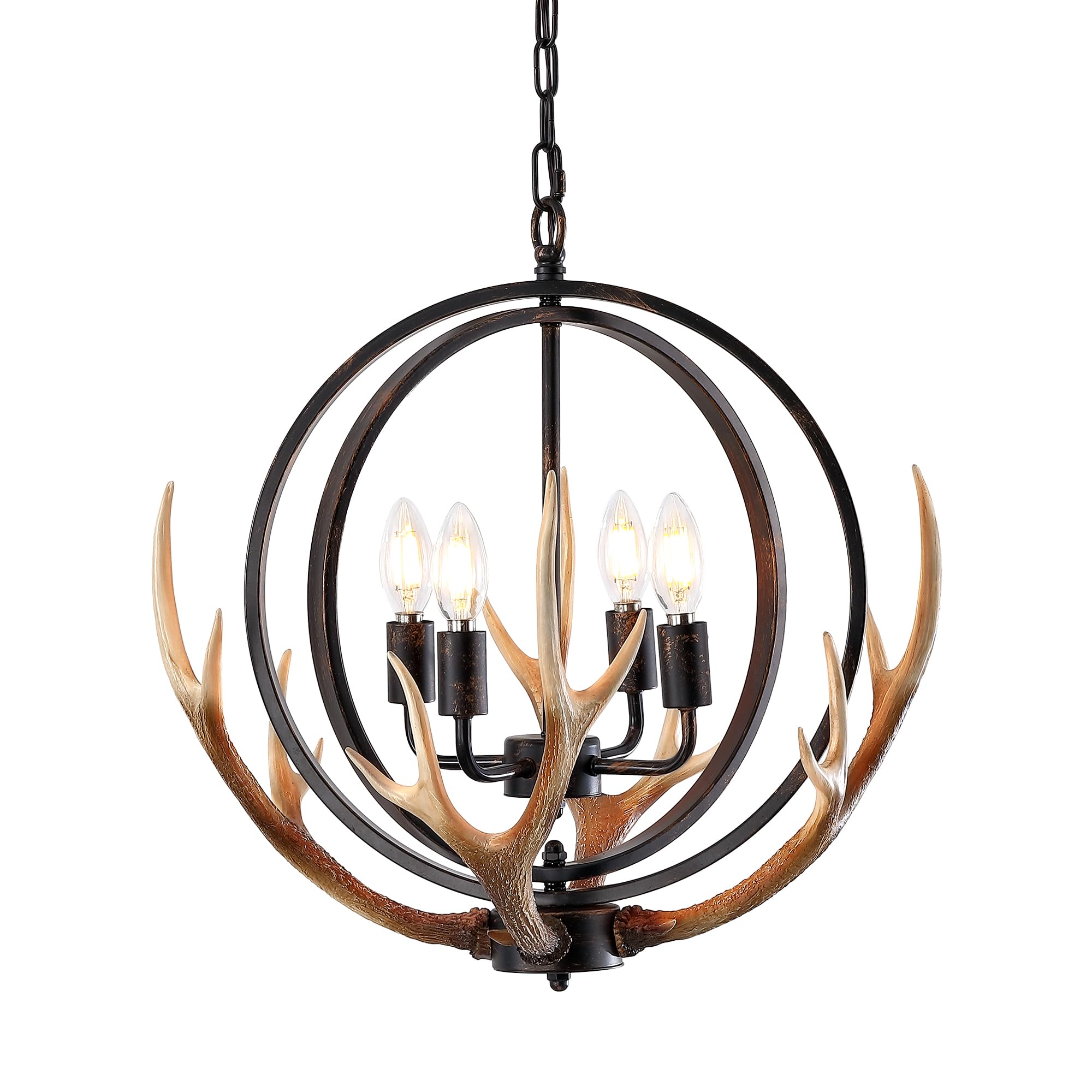 Antler Globe Chandelier, 11.8" Rustic Metal Cage Pendant Light with Resin Antlers, Industrial Farmhouse Hanging Ceiling Light Fixture for Kitchen Island, Dining Room, Entryway, E26 Base, Brown