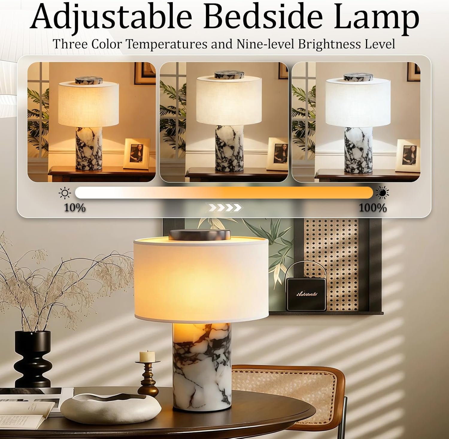 Rechargeable Cordless Marble Touch Table Lamp with USB & Linen Shade