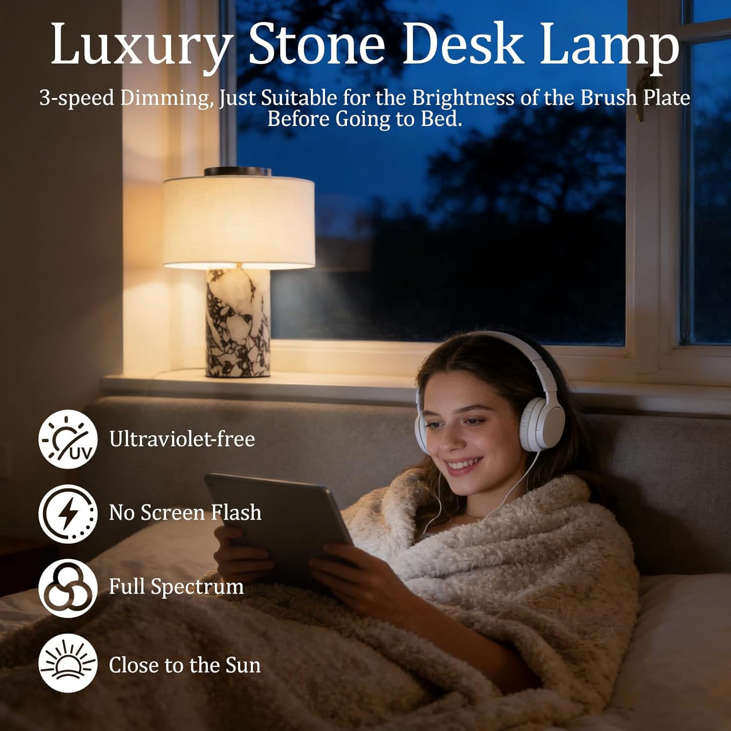 Rechargeable Cordless Marble Touch Table Lamp with USB & Linen Shade