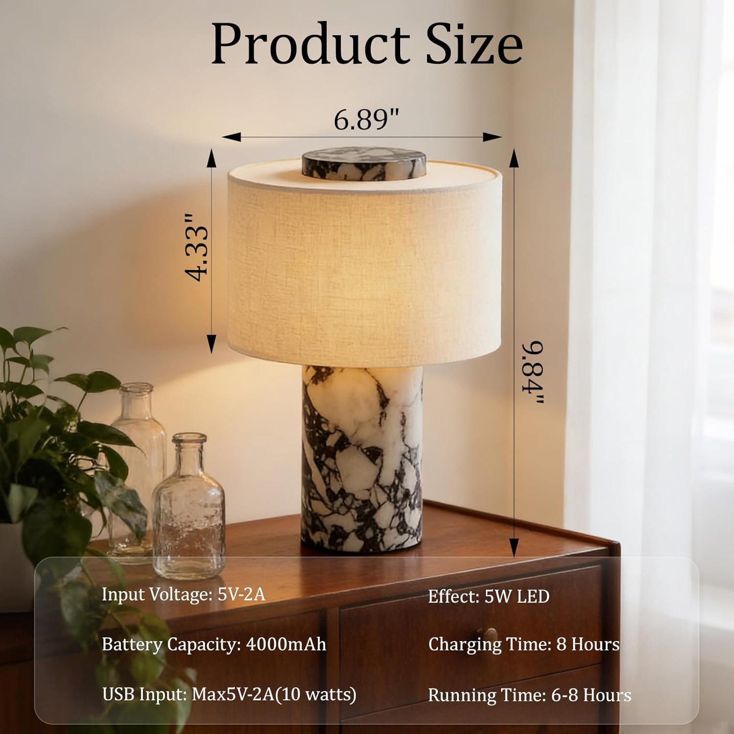 Rechargeable Cordless Marble Touch Table Lamp with USB & Linen Shade