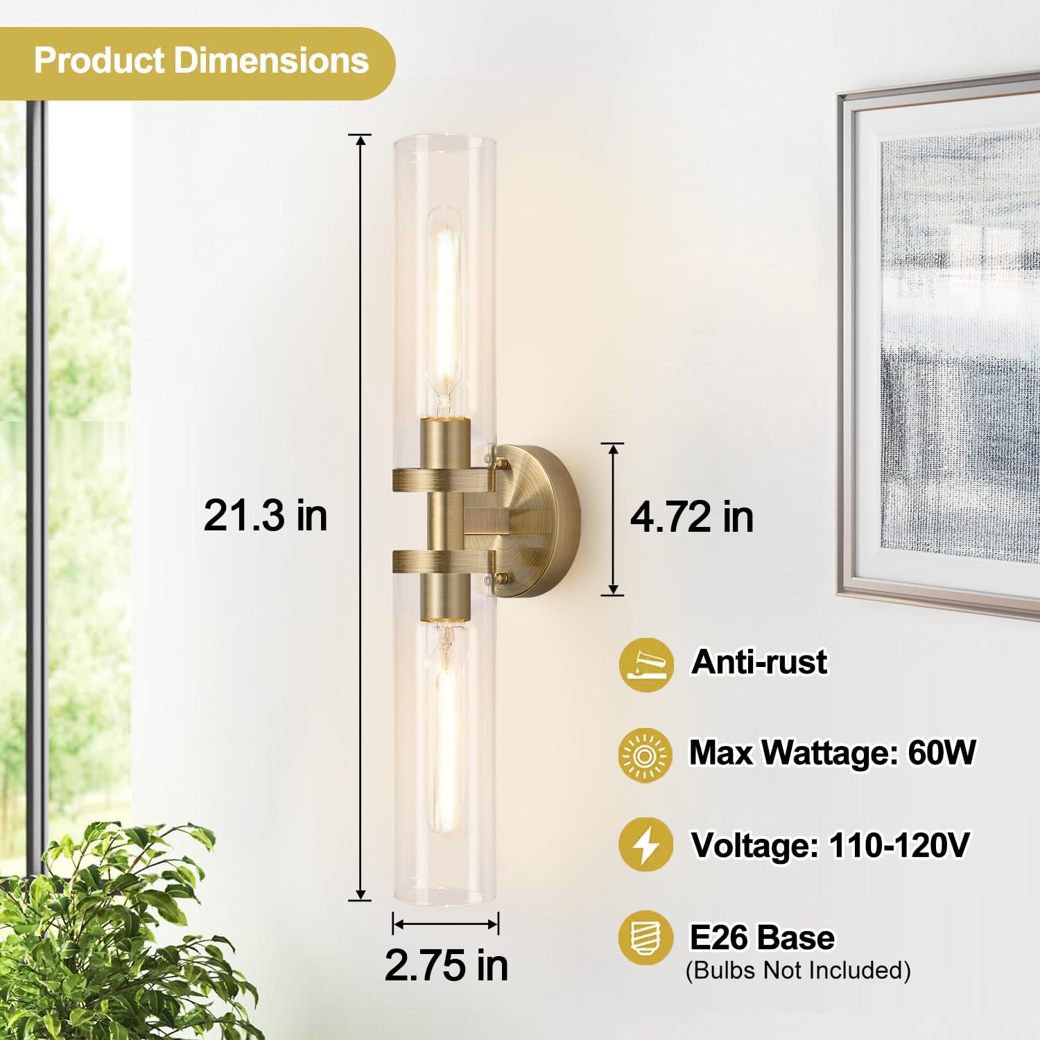 Brass Glass Bathroom Wall Sconces 2pc