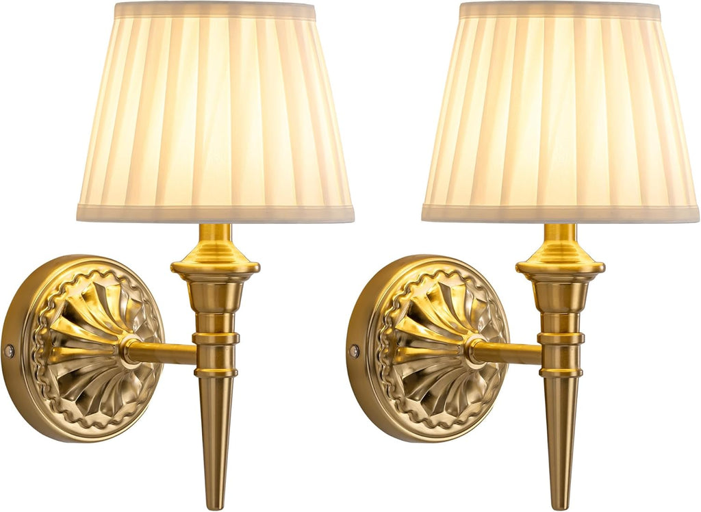 KDG Cordless Wall Sconces Set of 2, Small Wireless 5200mAh Rechargeable Battery Fabric LED Wall Lamps, Portables Lightings for Wall Painting, Living Room, Bedroom, Hallway, Gifts, Night Light (Gold)