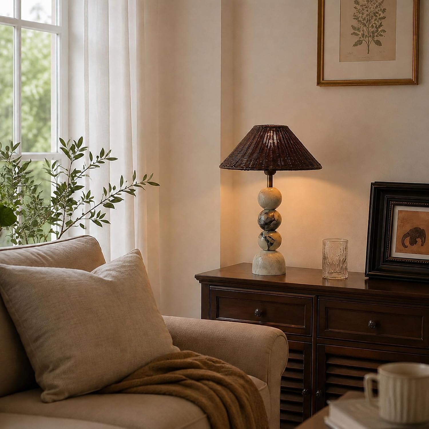 Calacatta Marble Table Lamp with Rattan Wicker Shade, Farmhouse Style