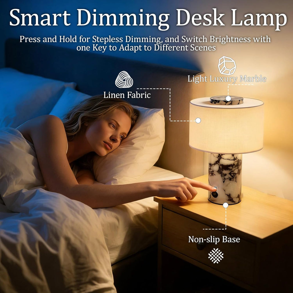 Rechargeable Cordless Marble Touch Table Lamp with USB & Linen Shade